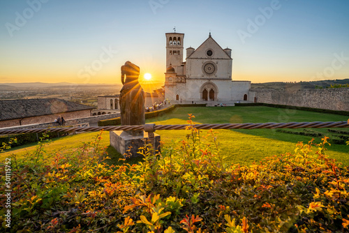 St. Francis Cathedral at sunset, UNESCO World Heritage Site, Assisi, Umbria photo