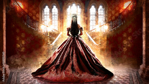The silhouette of a beautiful princess bride in a red luxurious dress, she has a silver crown, standing in front of a beautiful forest with golden sun rays from the castle windows. 2d oil art.