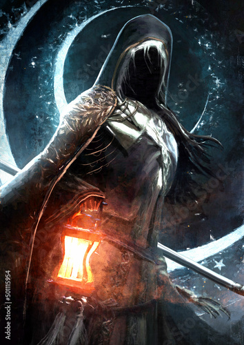 фотографія A creepy ghost of a nun with a bright glowing lantern, wearing a hood with hanging scraps and threads and a gilded cloak, she holds a weapon against the background of two icy crescents