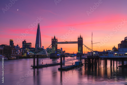 Tower Bridge, Butler's Wharf and The Shard at sunset taken from Wapping, London photo