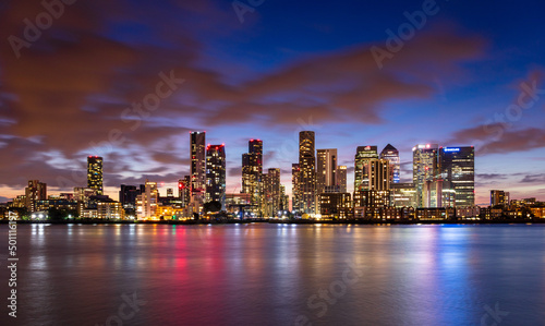 Canary Wharf and Isle of Dogs skyline at sunset, Docklands, London photo