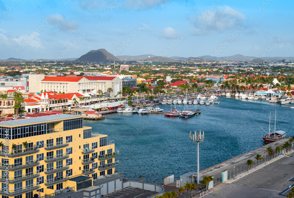 Oranjestad, Aruba. Marina landscape at the cruise port. 