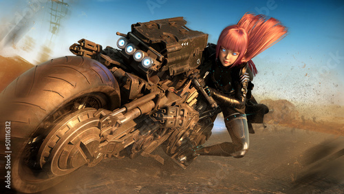 Fototapeta Naklejka Na Ścianę i Meble -  A cute cyborg girl rushes through the desert at maximum speed on her combat bike tearing up the ground, she is wearing a cyber suit in the style of saifai, she has red hair and blue eyes. 3d rendering