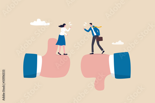 Conflict and argument between colleagues, controversy or difference opinion, disagree, confrontation or rivalry fighting concept, businessman and woman furious arguing on difference thumb up and down. photo