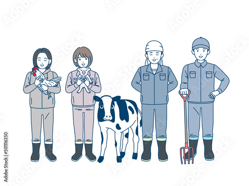 畜産農業　酪農家　養鶏　養豚　飼育員　男女　全身