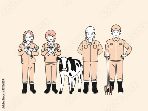 畜産農業　酪農家　養鶏　養豚　飼育員　男女　全身