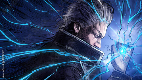 Slika na platnu An embittered anime-style wizard with gray hair in a black robe angrily clenches his fist from which lightning magic flows, he confidently looks with contempt and malice at his enemy