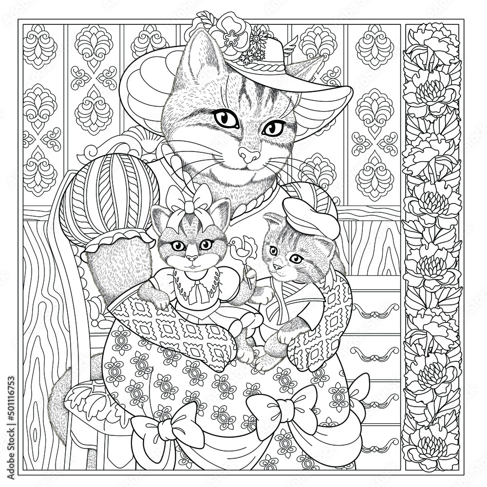 Floral adult coloring book page. Fairy tale cat. Female animal in dress with flower frame. 