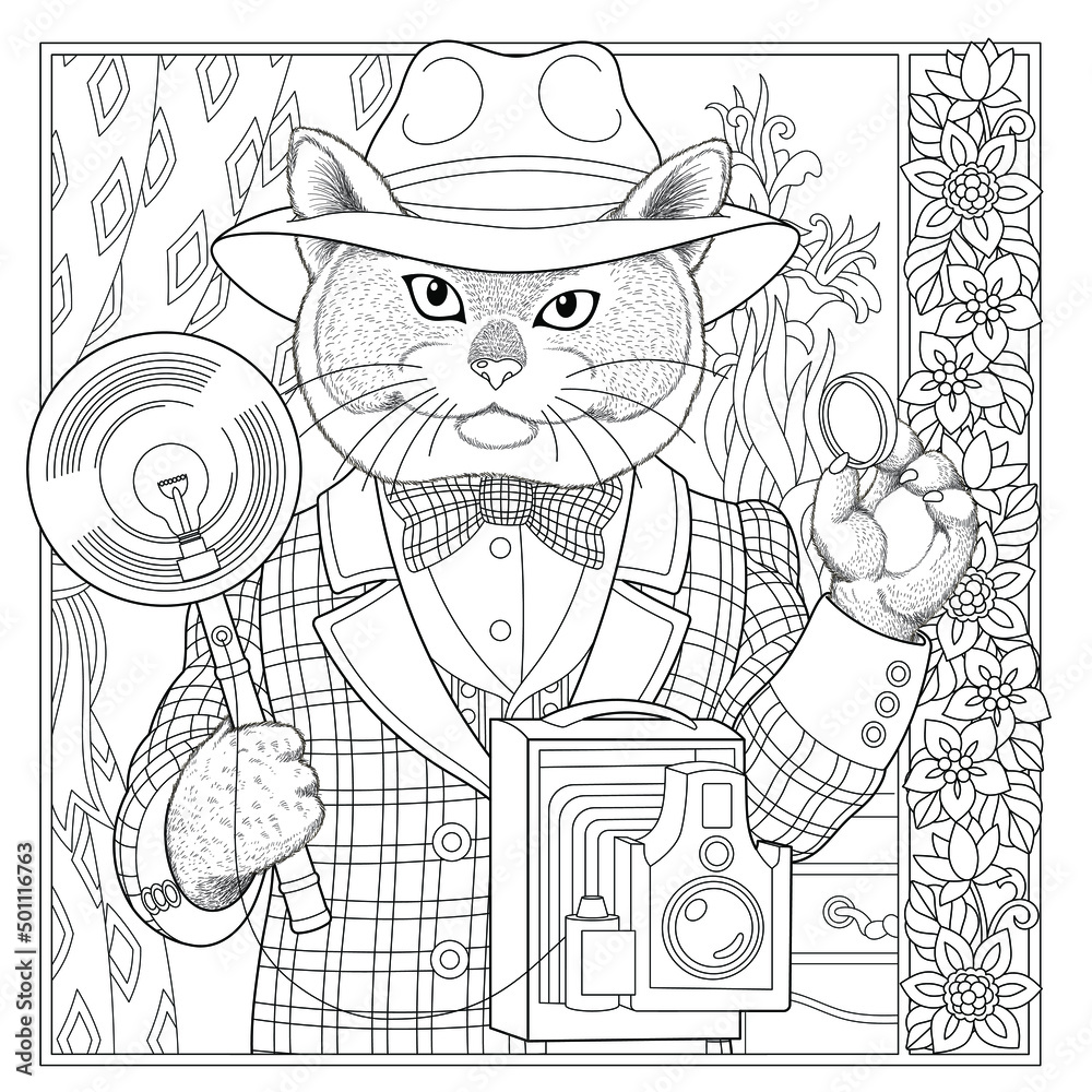 Floral adult coloring book page. Fairy tale cat. Male animal in costume with flower frame. 