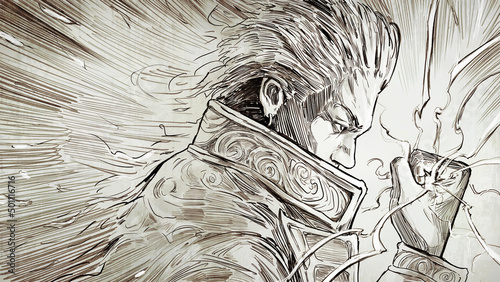 Картината върху платно An embittered anime-style wizard with gray hair in a black robe angrily clenches his fist from which lightning magic flows, he confidently looks with contempt and malice at his enemy