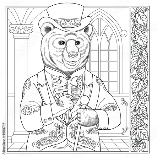 Floral adult coloring book page. Fairy tale bear. Male animal in costume with flower frame. 
