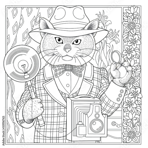Floral adult coloring book page. Fairy tale cat. Male animal in costume with flower frame. 