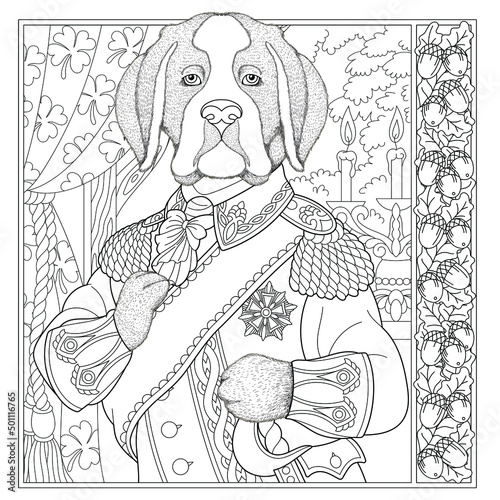 Fototapeta Naklejka Na Ścianę i Meble -  Floral adult coloring book page. Fairy tale dog. Male animal in costume with flower frame. 