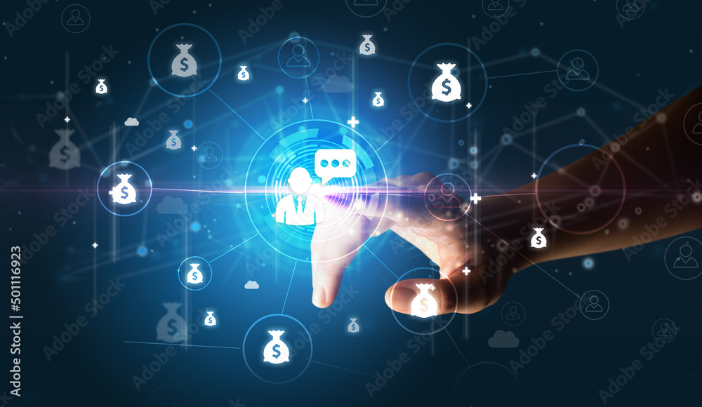 Businessman hand pressing stock graphic information on multitouch screen Businessman hand pressing stock graphic information on multitouch screen