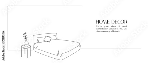 Continuous one line drawing of double bed with pillows and table with vase and plant. Web banner with modern furniture for bedroom in simple linear style. Editable stroke. Doodle vector illustration