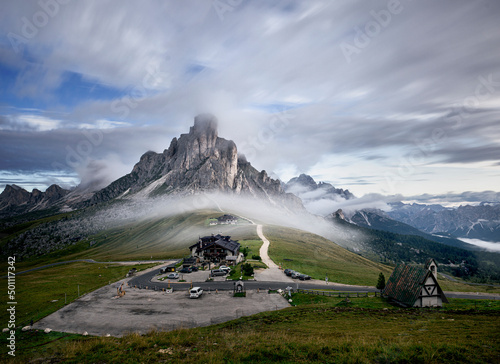 Morning fog, long exposure, at Passo Giau with the Ra Gusela mountain in the mist, Cortina d'Ampezzo, Dolomites photo