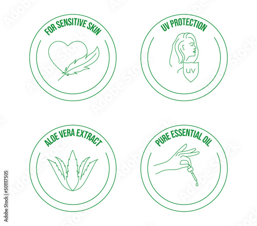 cosmetic icon set for sensitive skin, UV protection, aloe vera extract, pure essential oil vector illustration 