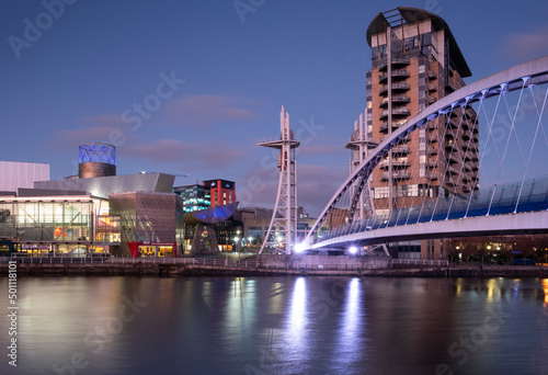 The Lowry Centre and Lowry Footbridge at night, Salford Quays, Salford, Manchester photo