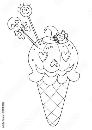 Bright cute cartoon character style. Halloween theme. Pumpkin ice cream with waffle cone, jelly, spider, scull and eye. Vector illustration. 