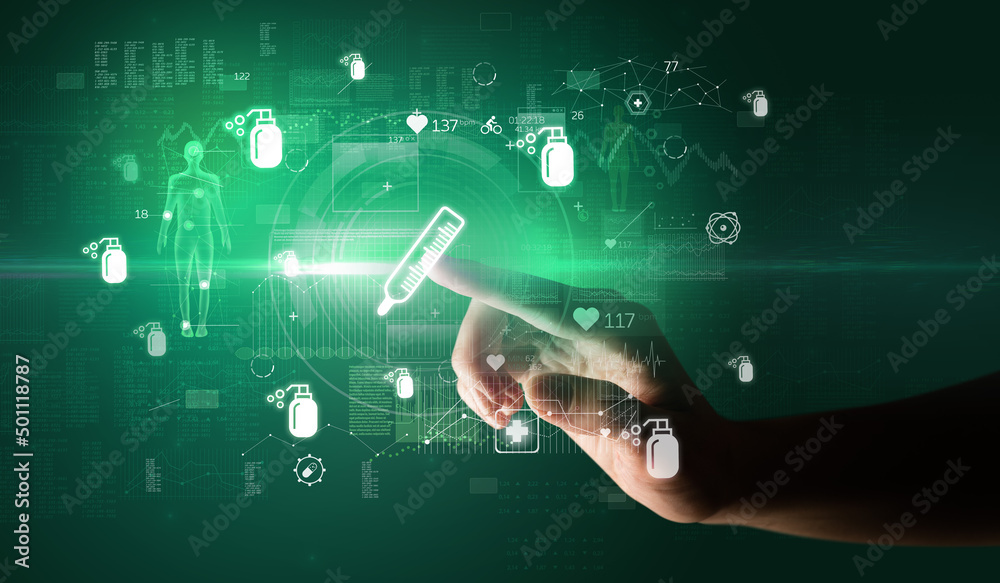 Doctor hand pressing futuristic health device with medical symbol on screen Doctor hand pressing futuristic health device with medical symbol on screen