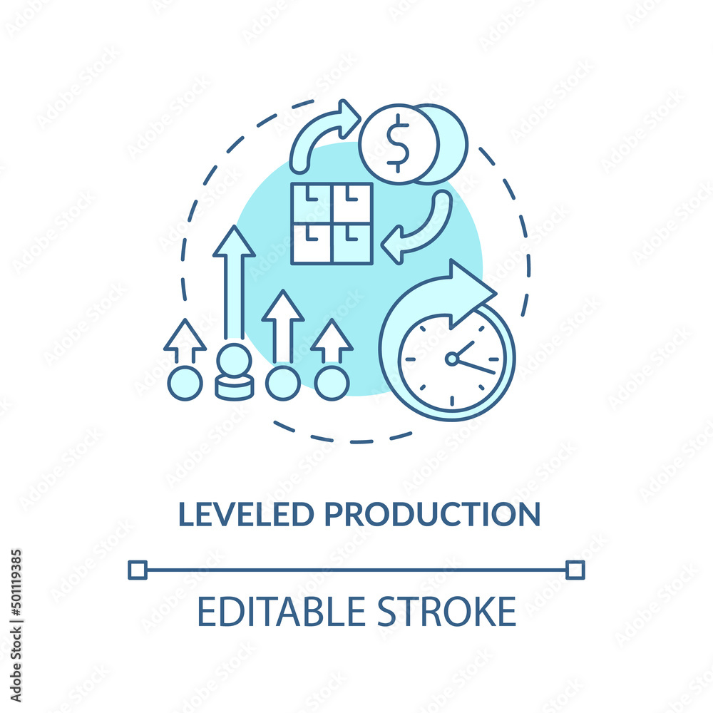 Leveled production turquoise concept icon. Smoothing process. Lean manufacturing abstract idea thin line illustration. Isolated outline drawing. Editable stroke. Arial, Myriad Pro-Bold fonts used Leveled production turquoise concept icon. Smoothing process. Lean manufacturing abstract idea thin line illustration. Isolated outline drawing. Editable stroke. Arial, Myriad Pro-Bold fonts used