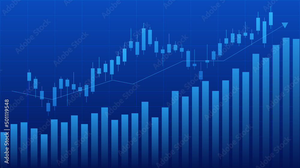 Financial business statistics with bar graph and candlestick chart with uptrend arrow show stock market price and effective earning on blue background