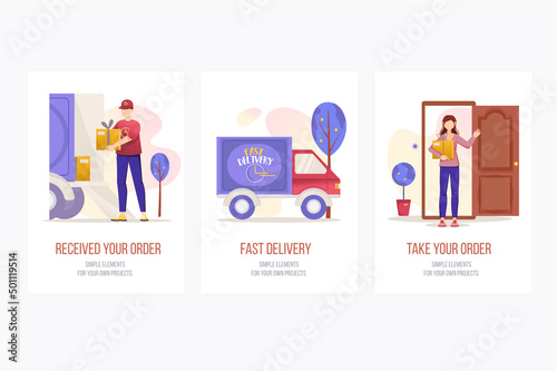 Delivery concept onboarding screens. Fast shipping, courier holding parcels and client receiving orders. Modern UI, UX, GUI user interface kit with people scene for web design. Vector illustration