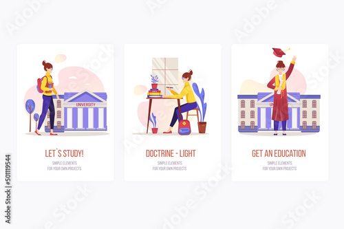 Education concept onboarding screens. Student studying at university, learning and graduating with diploma. Modern UI, UX, GUI user interface kit with people scene for web design. Vector illustration