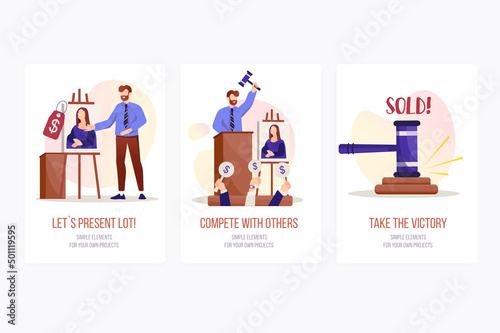 Auction concept onboarding screens. Auctioneer present selling artwork, buyers bidding and buy painting lot. Modern UI, UX, GUI user interface kit with people scene for web design. Vector illustration