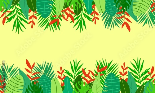 Vector illustration banner with copy space with tropical plants foliage background in vibrant green red and yellow colors. Design template
