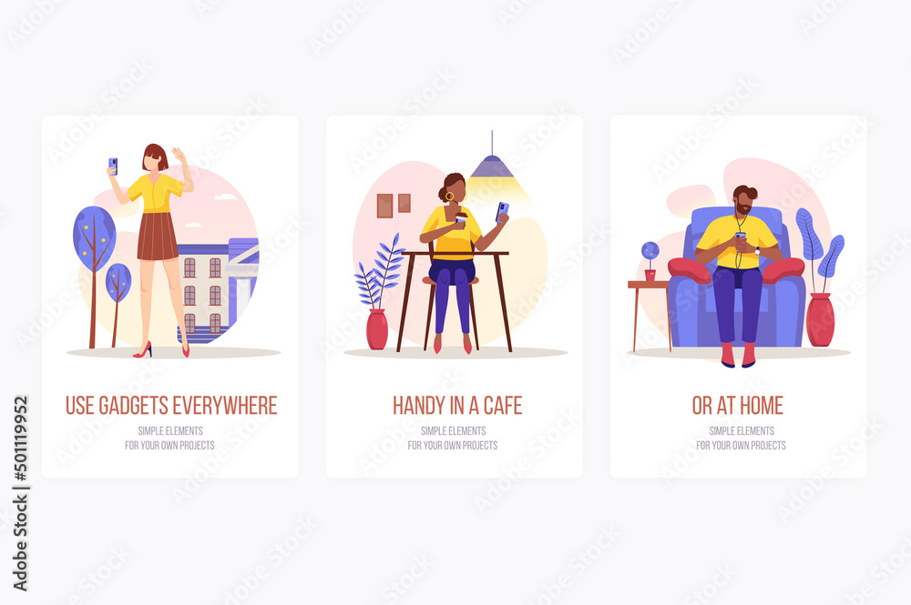 People using gadgets concept onboarding screens. Women take selfie or browse, man listen to music on phone. Modern UI, UX, GUI user interface kit with people scene for web design. Vector illustration