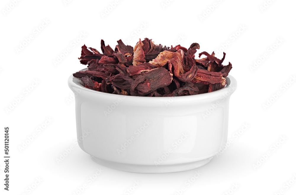 Obraz premium Hibiscus tea leaves in a bowl. Isolated on white