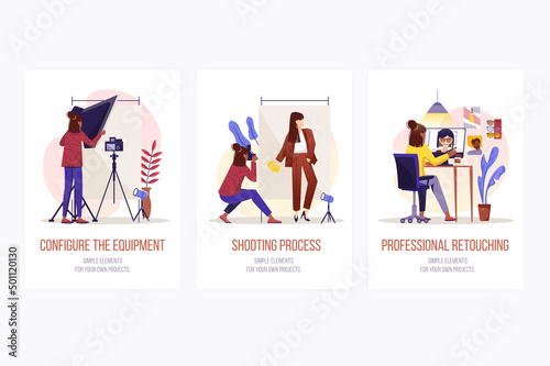 Photo studio concept onboarding screens. Photographer configure equipment, makes shooting and retouching. Modern UI, UX, GUI user interface kit with people scene for web design. Vector illustration