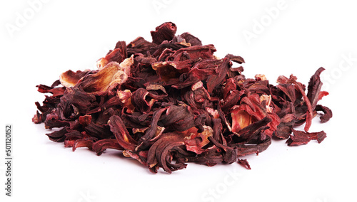 Pile of red dried hibiscus tea leaves. Karkade tea