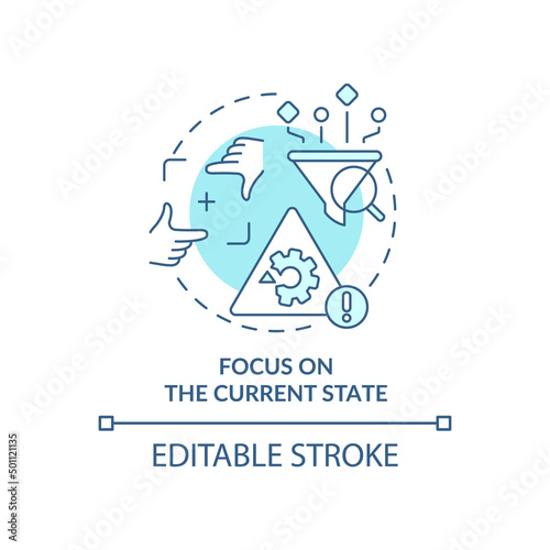 Focus on current state turquoise concept icon. Value stream mapping best practice abstract idea thin line illustration. Isolated outline drawing. Editable stroke. Arial, Myriad Pro-Bold fonts used