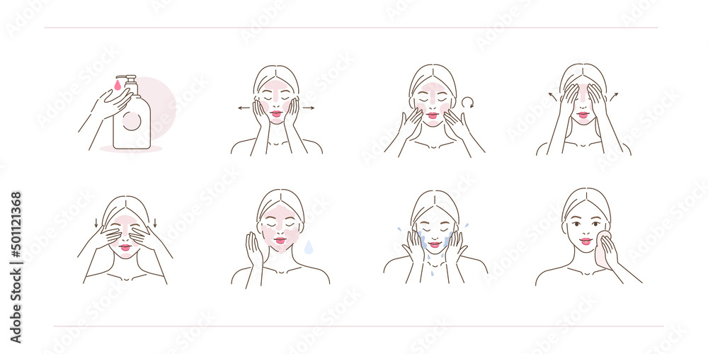 Facial cleaning illustration set. Beauty girl taking care of her skin and using hydrophilic cleansing oil to remove sebum and make up. Beauty skin care routine and hygiene. Vector illustration.
