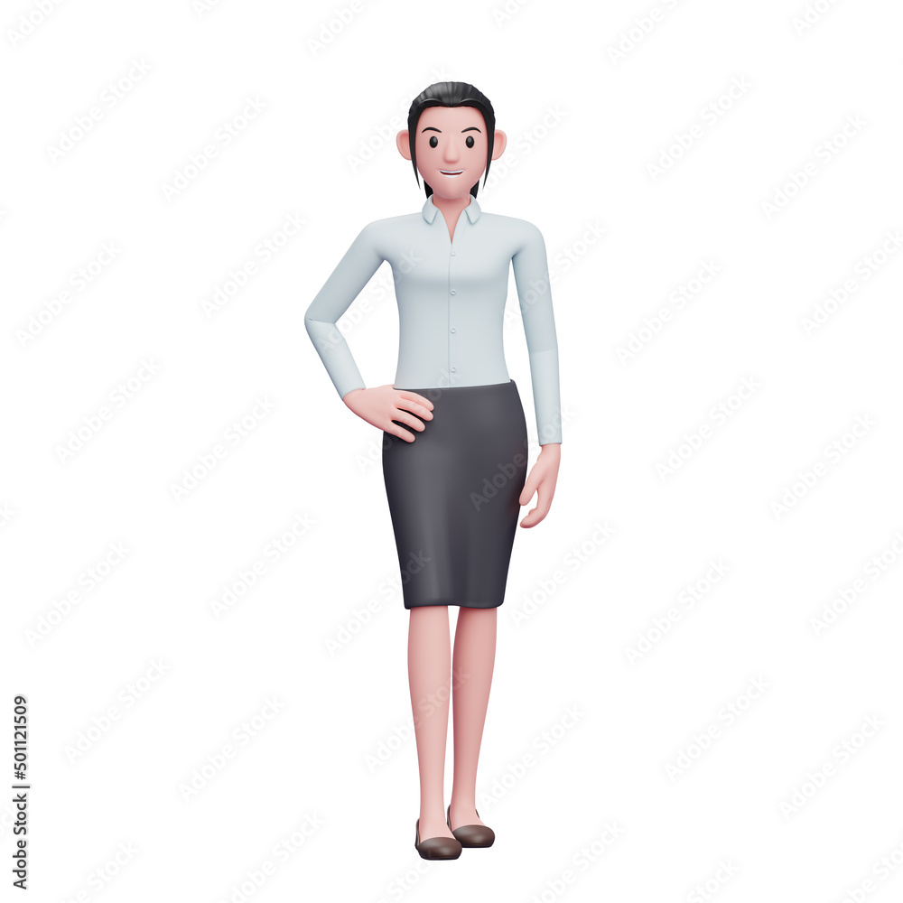 Fototapeta premium 3d cute business woman standing with hand on waist and legs crossed wear skirts and long shirts