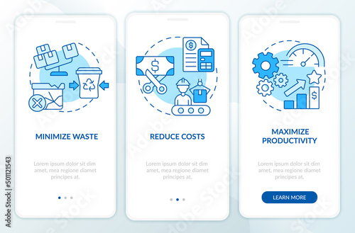 Purposes of lean manufacturing blue onboarding mobile app screen. Walkthrough 3 steps graphic instructions pages with linear concepts. UI, UX, GUI template. Myriad Pro-Bold, Regular fonts used