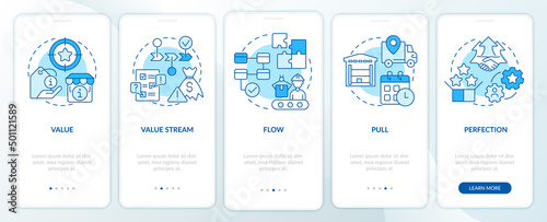 Lean manufacturing key principles blue onboarding mobile app screen. Walkthrough 5 steps graphic instructions pages with linear concepts. UI, UX, GUI template. Myriad Pro-Bold, Regular fonts used