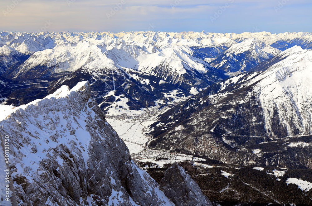 Panorama view of snow mountain from Zugspitze - the highest point of Germany. The Alps, Germany, Europe. 