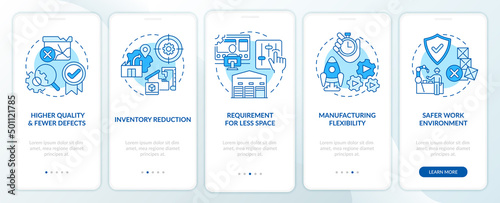 One piece flow advantages blue onboarding mobile app screen. Walkthrough 5 steps graphic instructions pages with linear concepts. UI, UX, GUI template. Myriad Pro-Bold, Regular fonts used