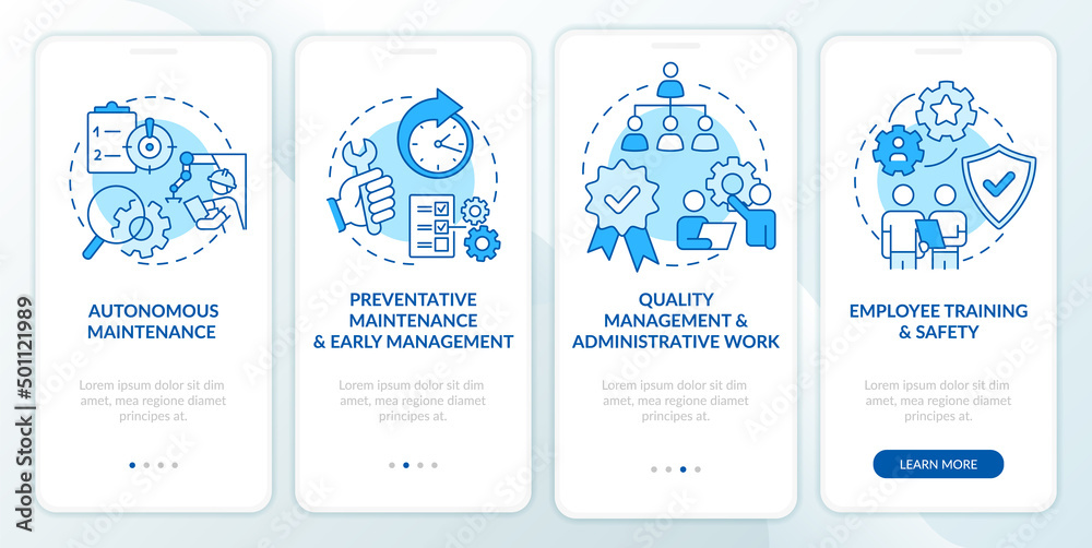 Total productive maintenance blue onboarding mobile app screen. Walkthrough 4 steps graphic instructions pages with linear concepts. UI, UX, GUI template. Myriad Pro-Bold, Regular fonts used