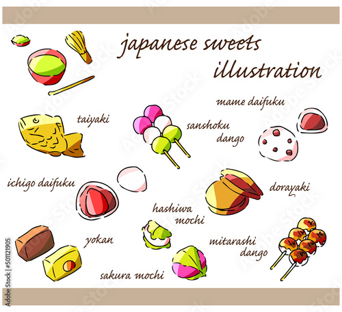 和菓子・日本のおやつの手描きイラストセット