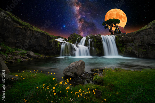 Tableau sur toile House over waterfall with starry sky and moon