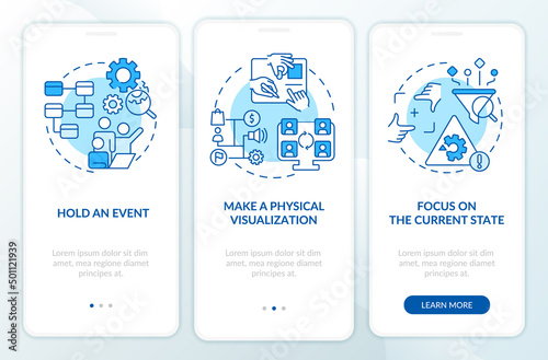 Value stream mapping best practices blue onboarding mobile app screen. Walkthrough 3 steps graphic instructions pages with linear concepts. UI, UX, GUI template. Myriad Pro-Bold, Regular fonts used