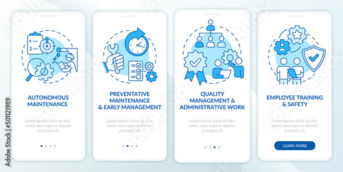 Total productive maintenance blue onboarding mobile app screen. Walkthrough 4 steps graphic instructions pages with linear concepts. UI, UX, GUI template. Myriad Pro-Bold, Regular fonts used