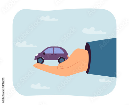 Huge hand holding tiny car flat vector illustration. Transportation, vehicle, insurance, automobile, property concept for banner, website design or landing web page