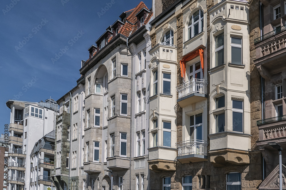 Beautiful traditional medieval buildings along the picturesque river Rhine promenade. DUSSELDORF, GERMANY.