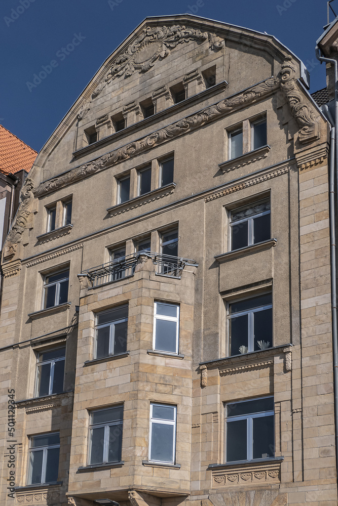 Fototapeta premium Beautiful traditional medieval buildings along the picturesque river Rhine promenade. DUSSELDORF, GERMANY.
