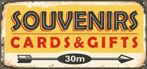 Souvenir shop retro sign board template. Vintage inscription for souvenir store on old metal background. Souvenirs, cards and gifts vector image.